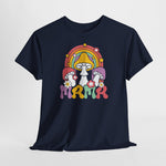 Oversized navy T-shirt met regenboog-paddenstoelprint, bloemen en wolkjes