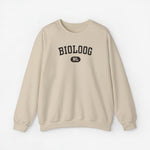 Beigetint trui met ronde hals en borstprint “BIOLOGOG” met rond “NL”-logo