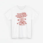 Wit T-shirt met rode tekst en tekenfiguur onder bloemvormige sterren
