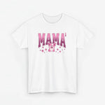 Witte T-shirt met “MAMA” print in roze en illustratie van een schattig beertje/katje