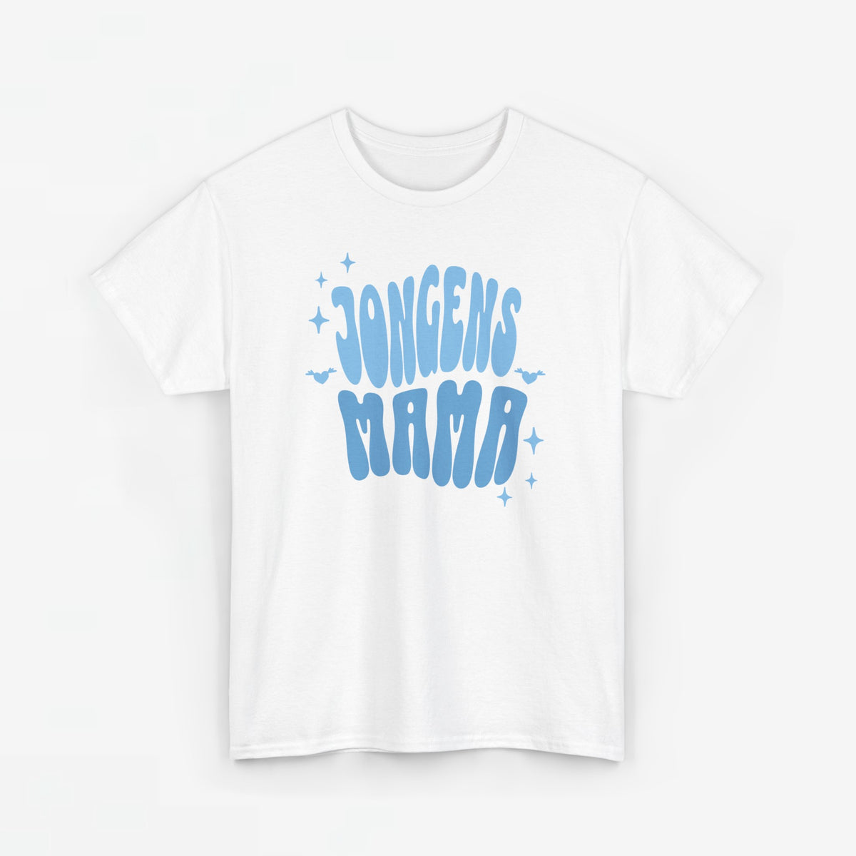 Witte T-shirt met blauw printopschrift “JONGENS MAMA” op de borst, ronde hals