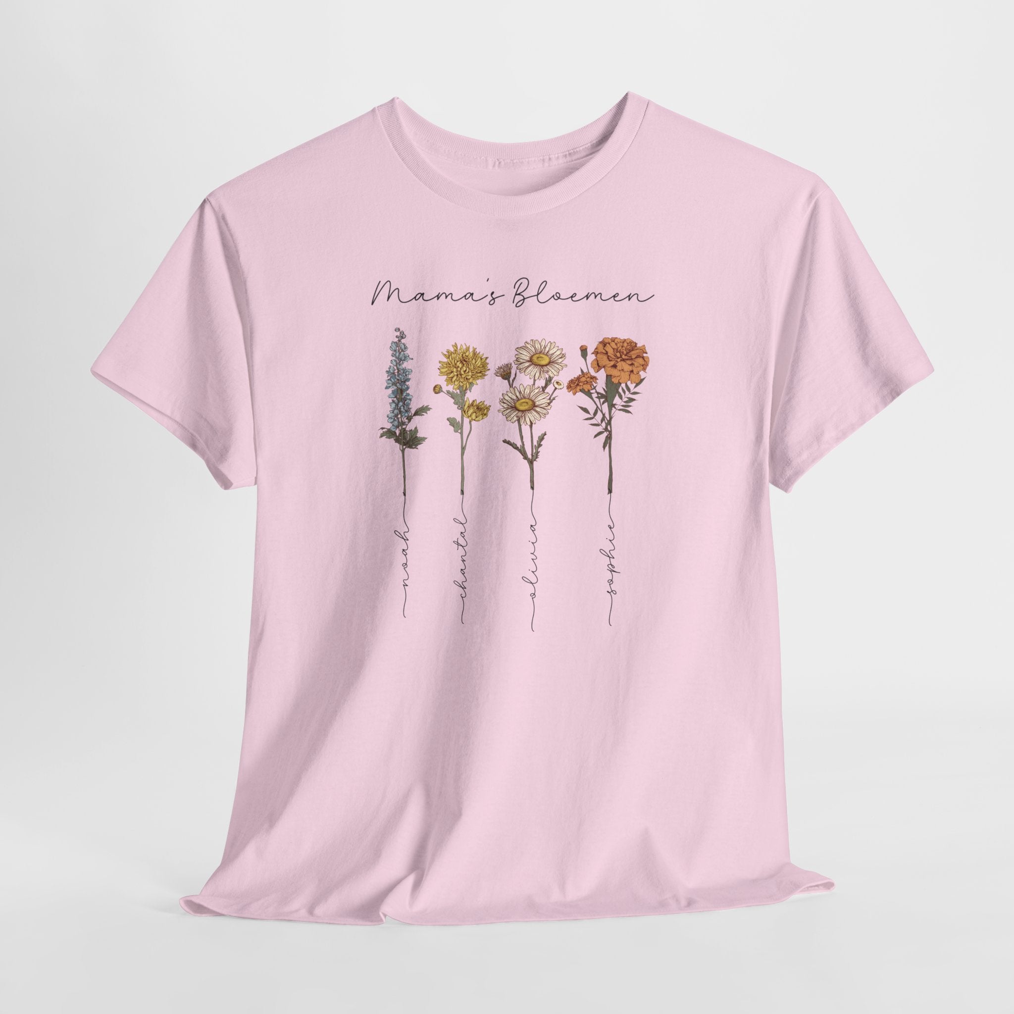 Gepersonaliseerde Moederdag Mama Cadeau - T-shirt - Mama's bloemen met namen en geboortemaand bloemen (zwarte tekst)