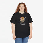 Zwart t-shirt met bloemenboeketprint en sierlijke tekst op de borst