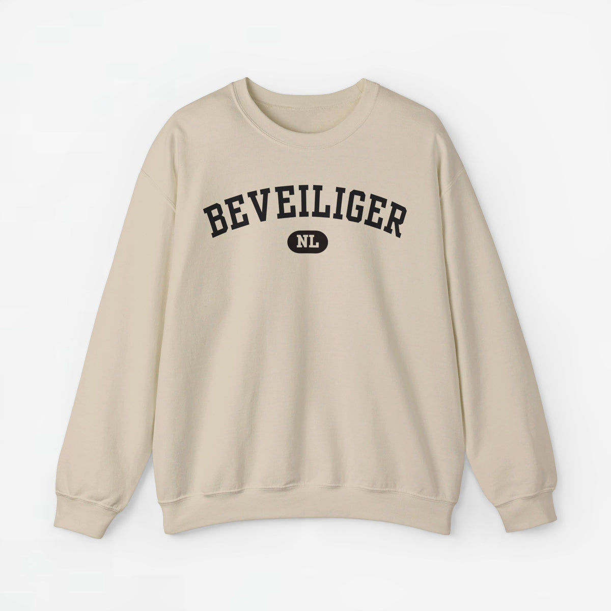 Beige trui met ronde hals en BEVEILIGER-print met NL-logo