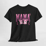 Zwarte oversized T-shirt met roze “MAMA” en twee kattenmotiefjes op de borst.