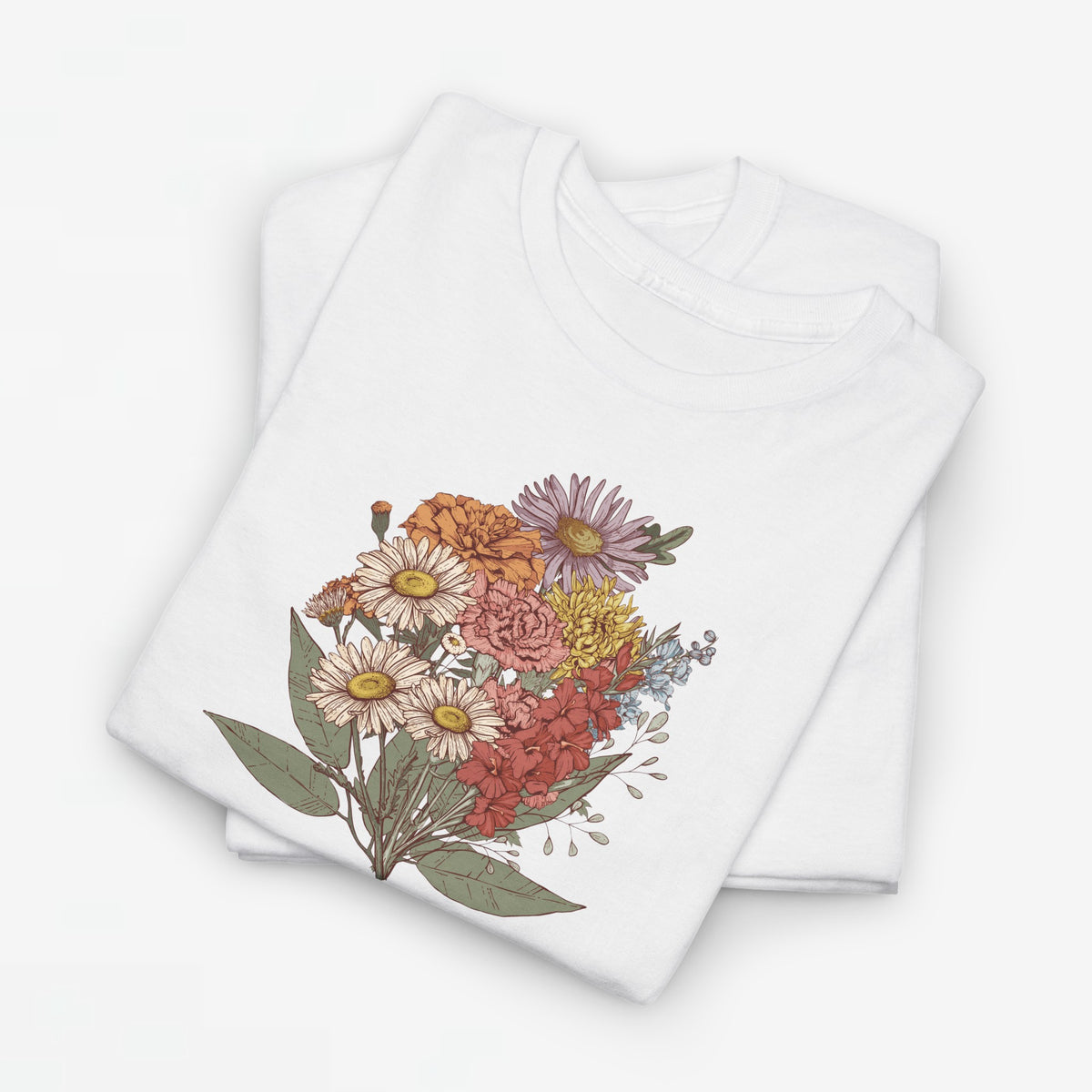 Wit t-shirt met kleurrijke bloemenboeketprint op de borst