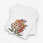 Wit t-shirt met kleurrijke bloemenboeketprint op de borst