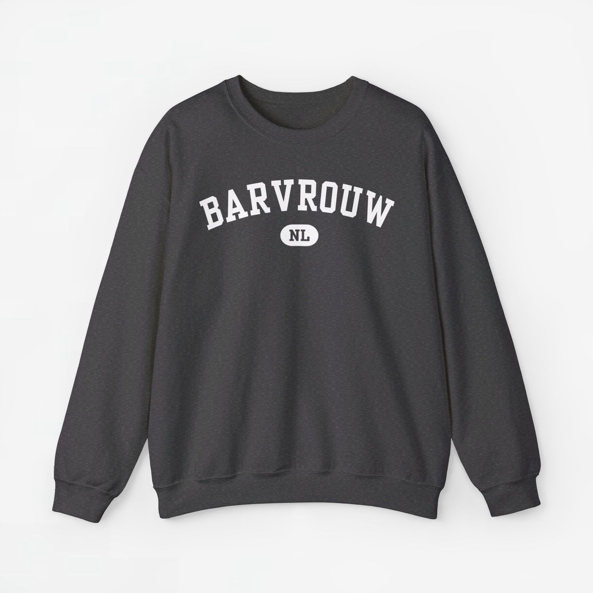 Donkergrijze trui met ronde hals en witte 'BARVROUW' print met 'NL'