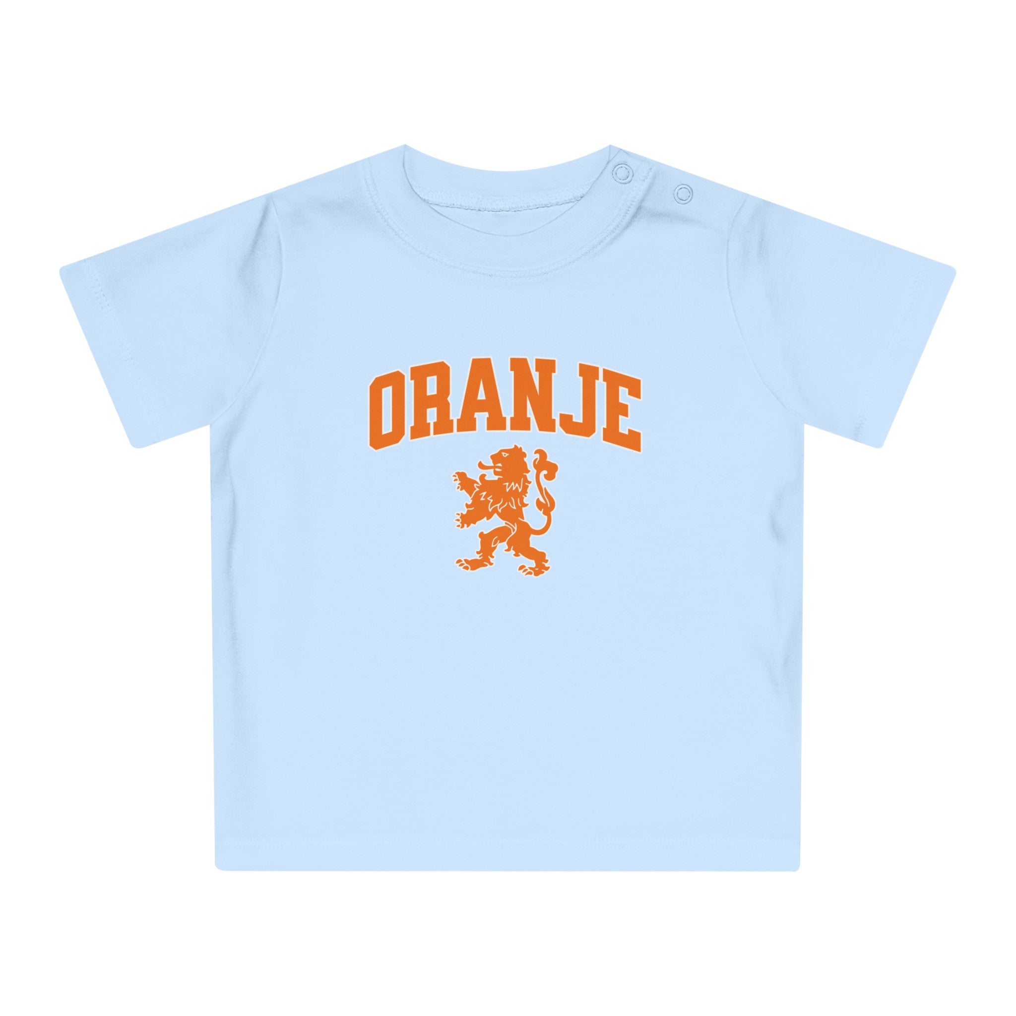 Baby T-shirt voor EK, WK en Koningsdag - Personaliseer met Naam & Rugnummer - ORANJE met Leeuw