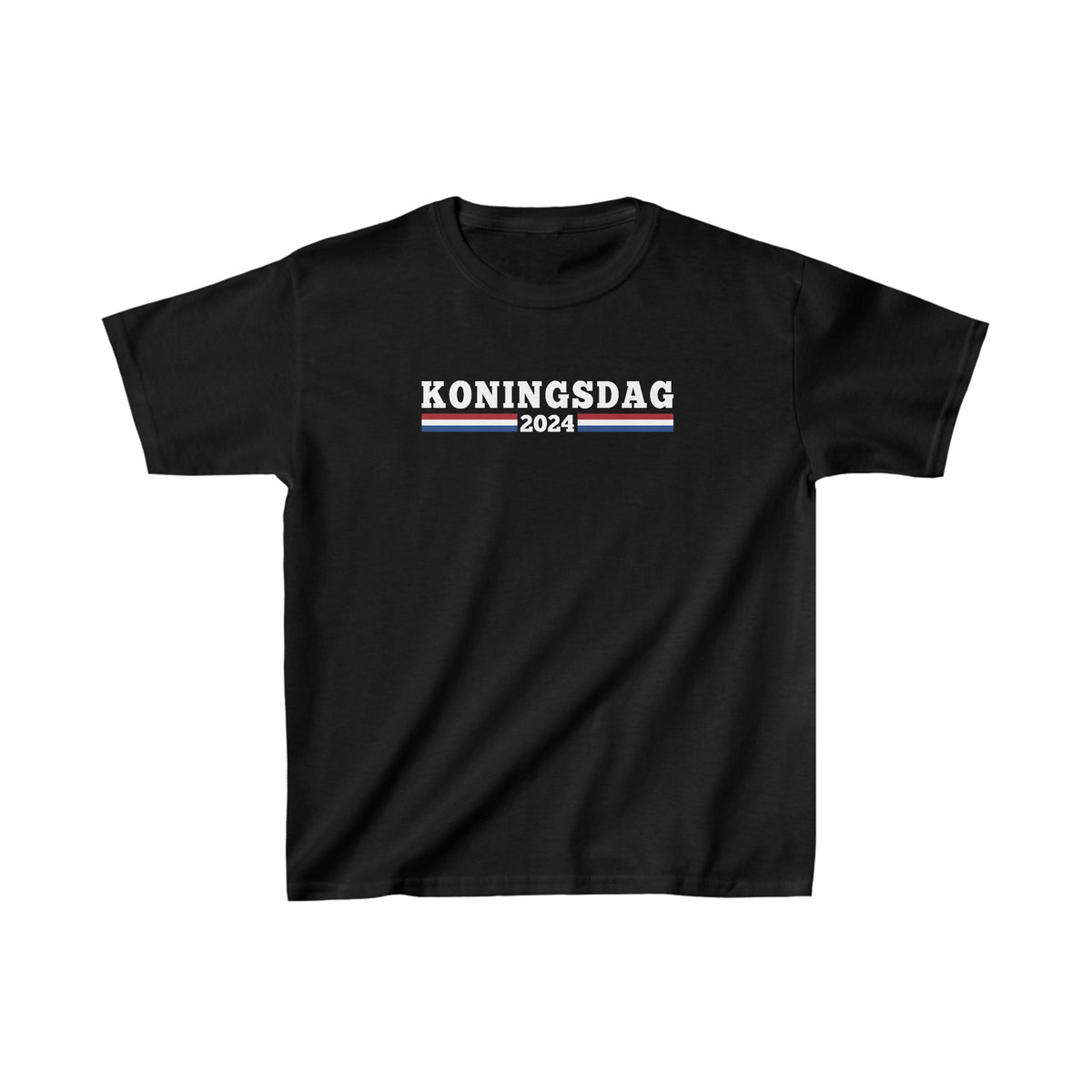 Zwart kinder T-shirt met voorprint "KONINGSDAG 2024" en ronde hals