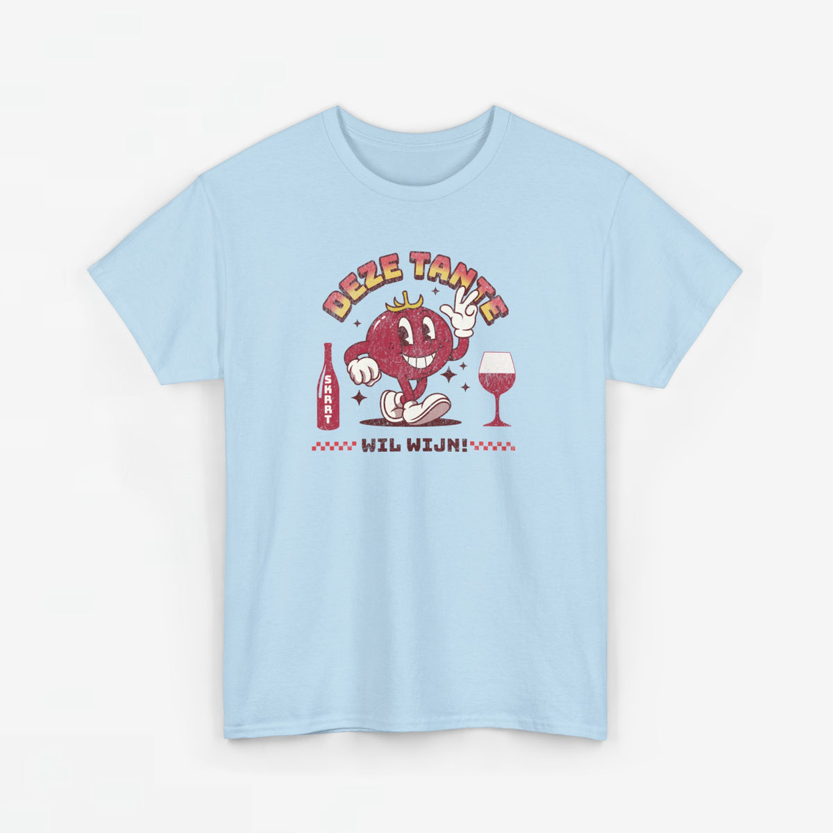 Lichtblauw T-shirt met ronde hals en rode wijnkrabprint op de borst
