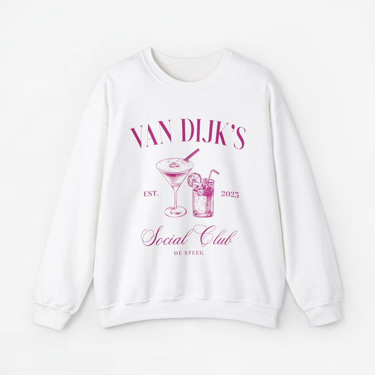 Witte unisex sweater met paarse opdruk 'Social Club' en cocktailglazen