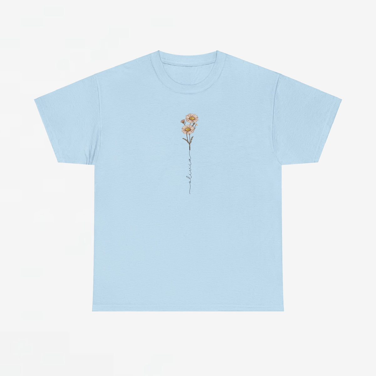 Lichtblauw T-shirt met bloemen- en tekstlijnprint op de borst, ronde hals