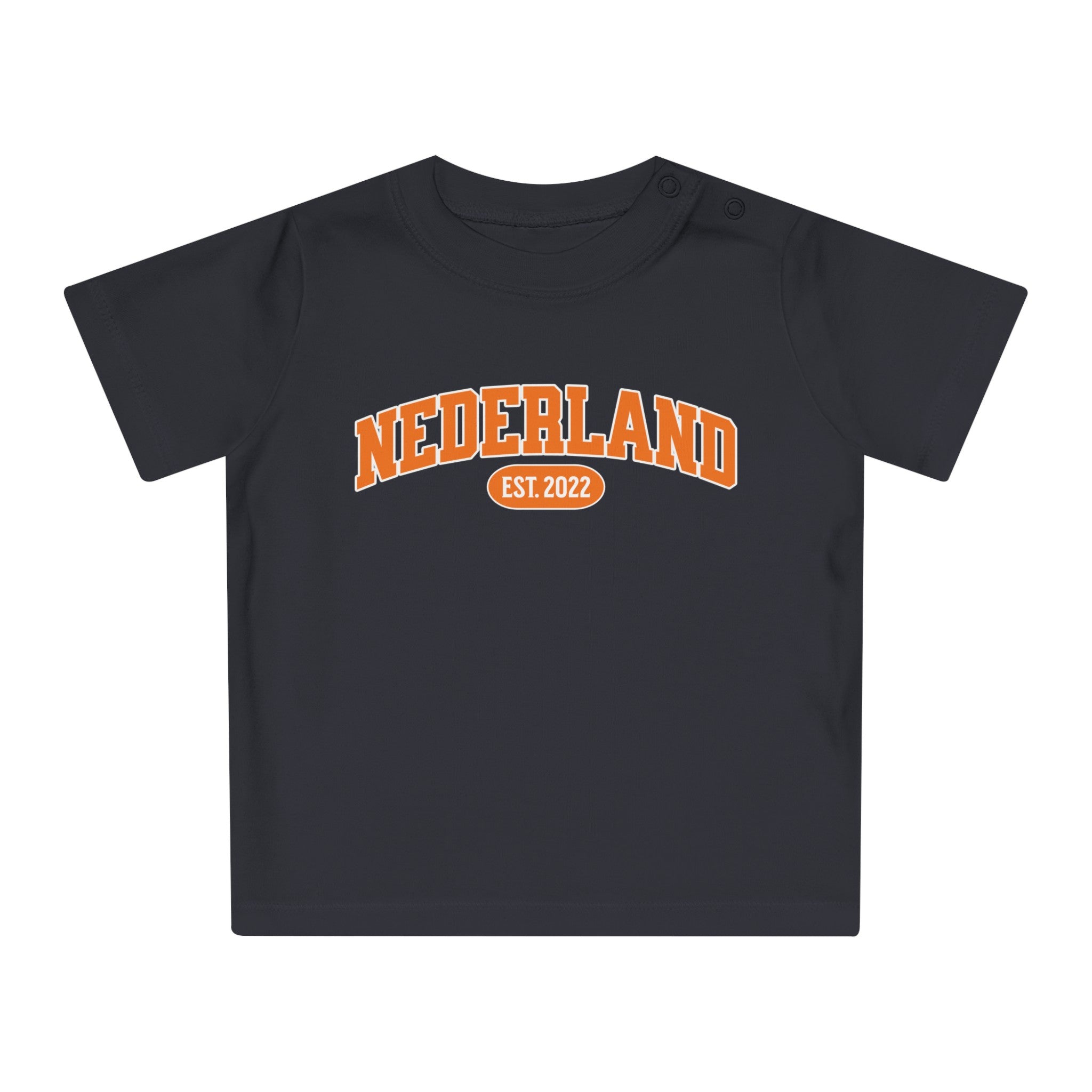 Baby T-shirt voor EK, WK en Koningsdag - Personaliseer met EST Jaar  - NEDERLAND (Voorkant)