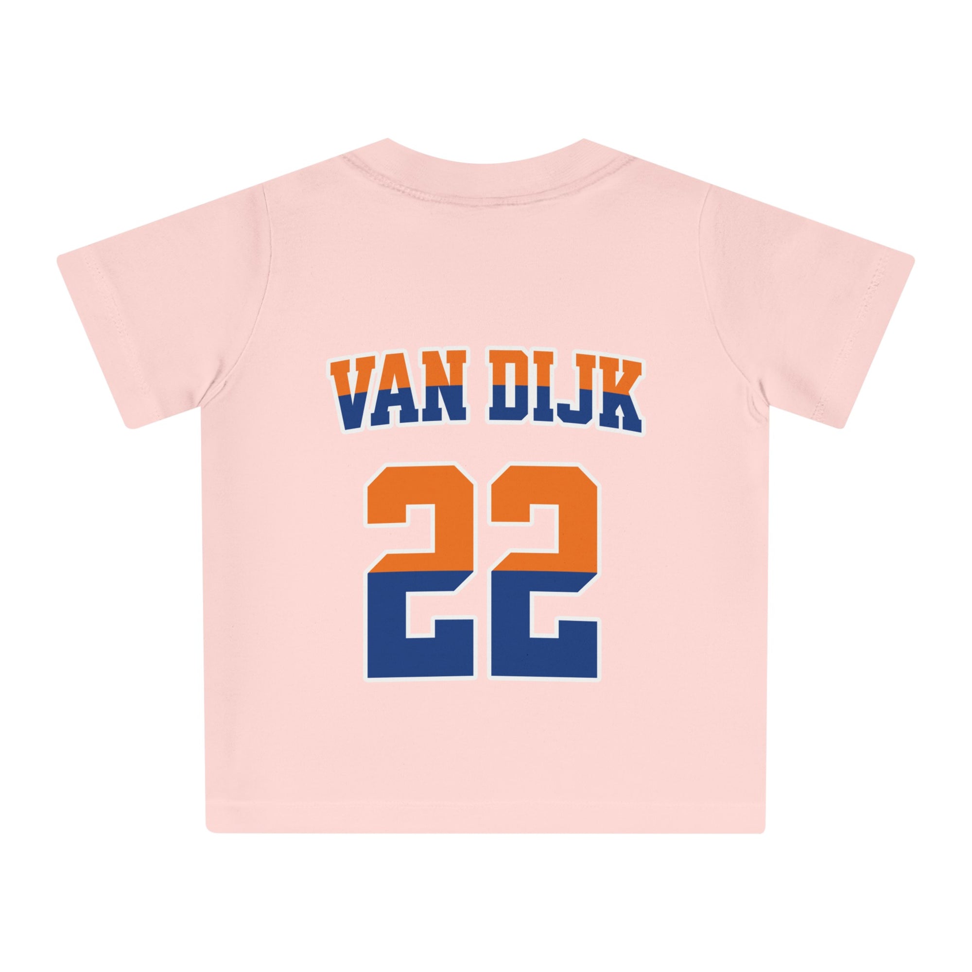 Baby T-shirt voor EK, WK en Koningsdag - Personaliseer met Naam, Jaar & Rugnummer - NEDERLAND (oranje en blauwe tekst)
