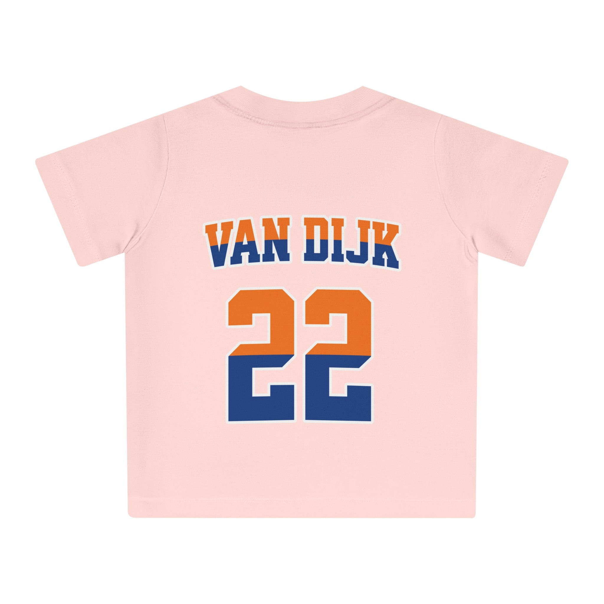 Baby T-shirt voor EK, WK en Koningsdag - Personaliseer met Naam, Jaar & Rugnummer - NEDERLAND (oranje en blauwe tekst)