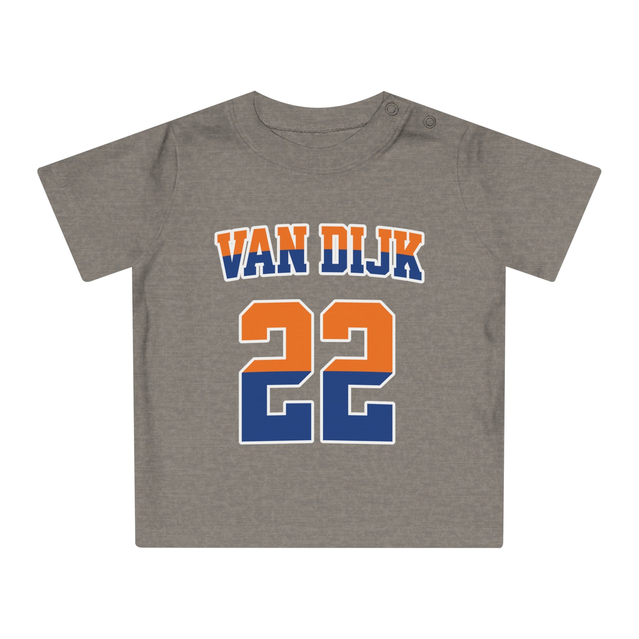 Baby T-shirt voor EK, WK en Koningsdag - Personaliseer met Naam & Rugnummer - oranje en blauwe tekst (Voorkant)