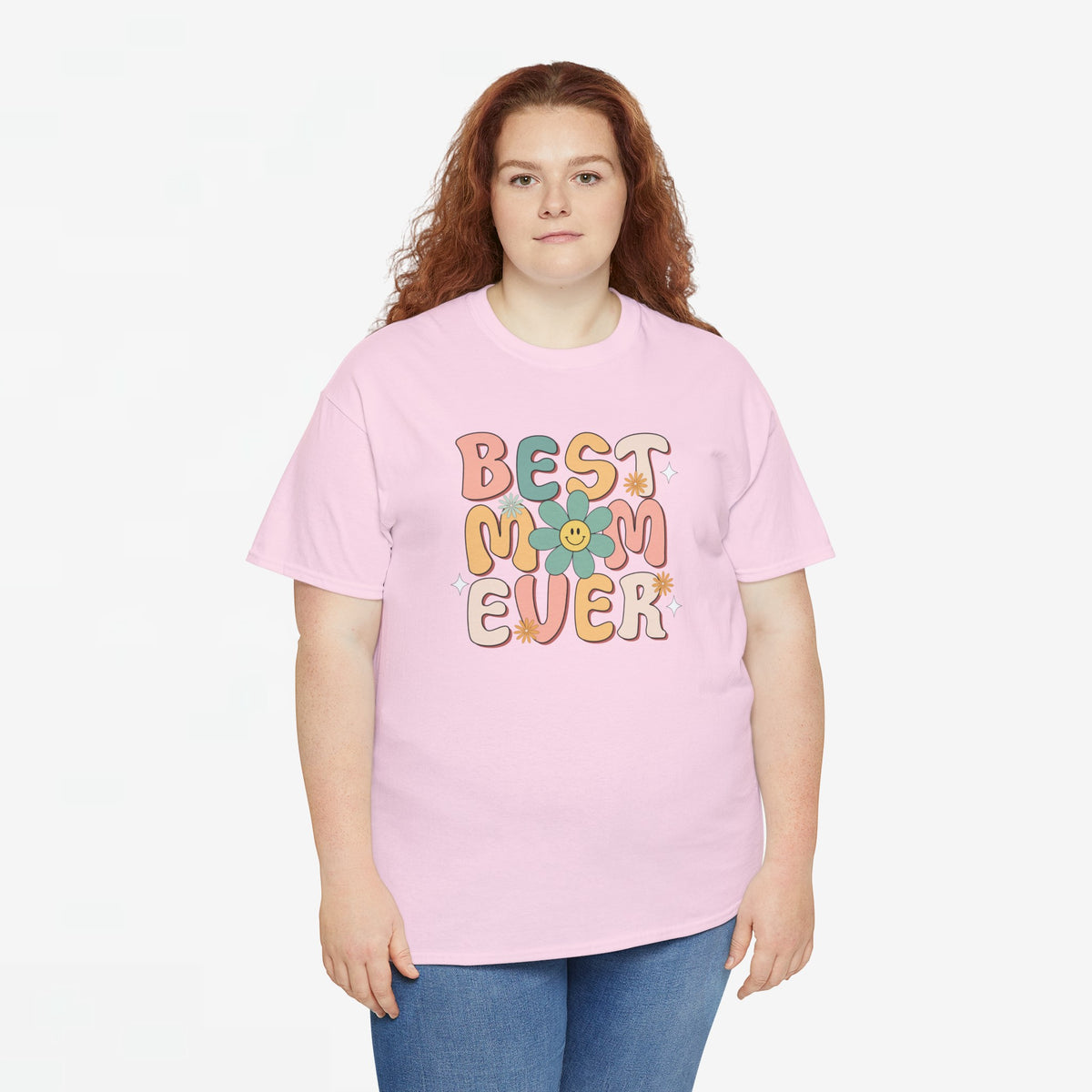 Roze oversized T-shirt met ronde hals en kleurrijke tekstprint “BEST MOM EVER”