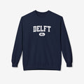 Navy varsity trui met ronde hals, lange mouwen en DELFT-logo op de borst.