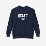 Navy varsity trui met ronde hals, lange mouwen en DELFT-logo op de borst.
