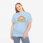 Lichtblauwe oversized T-shirt met ronde hals en 'Groovy Mama' regenboogprint