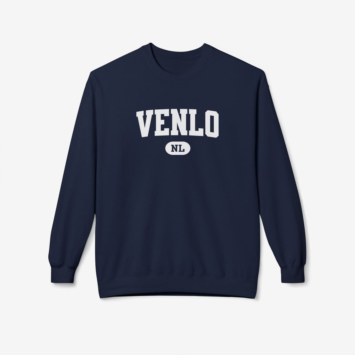 Navy varsity sweatshirt met ronde hals en grote VENLO print op de borst