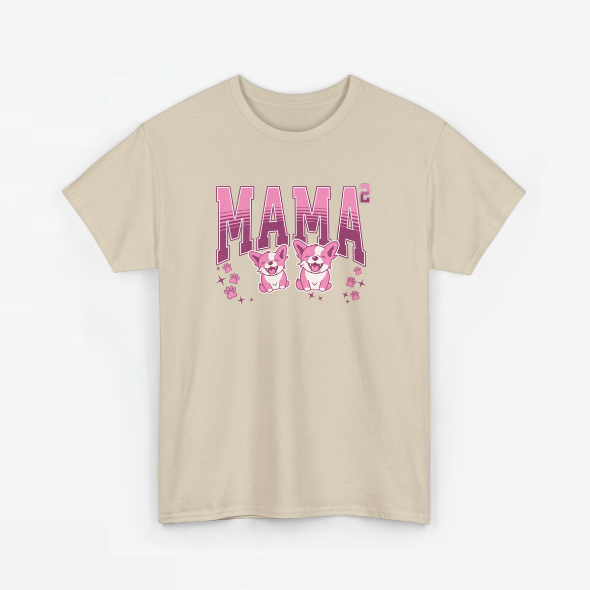 Zandkleurige T-shirt met roze 'Mama²' opdruk met twee hondjes, ronde hals