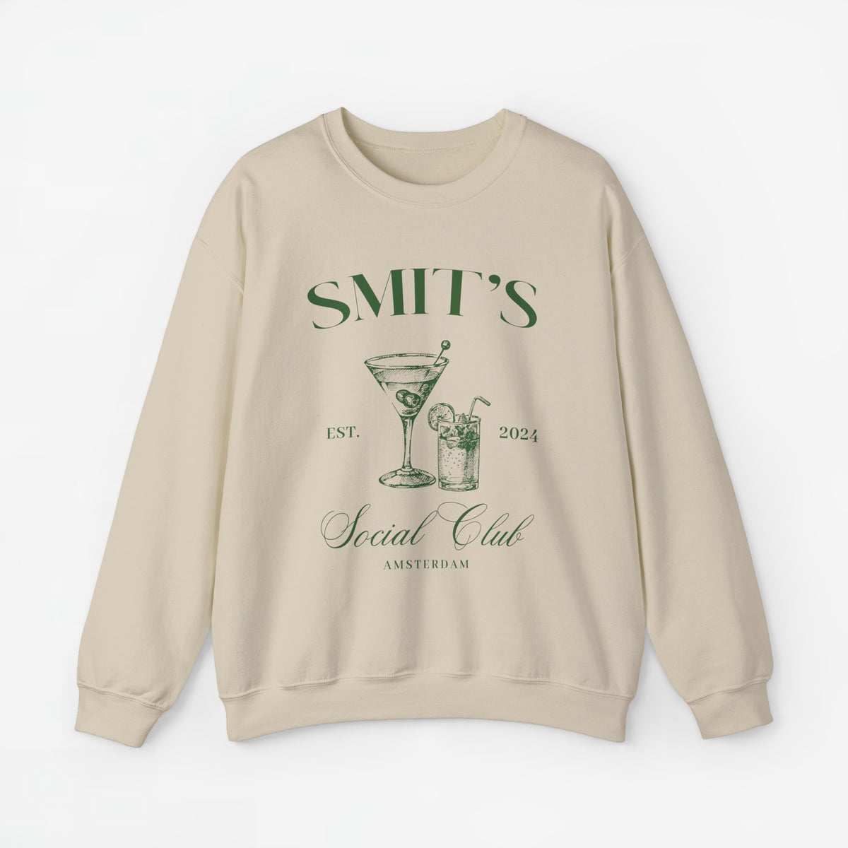 Beigetint sweater met SMIT'S Social Club cocktailprint, ronde hals en lange mouwen