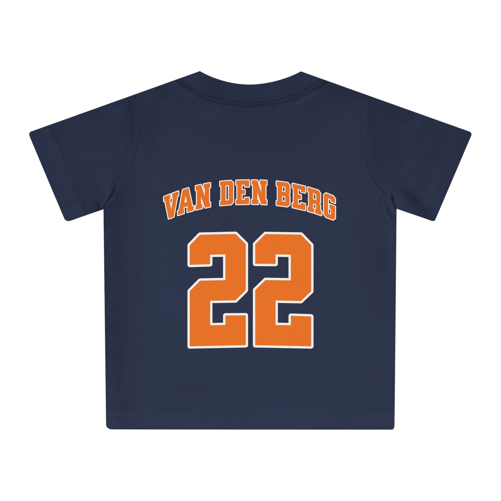 Baby T-shirt voor EK, WK en Koningsdag - Personaliseer met Naam & Rugnummer - ORANJE met Leeuw