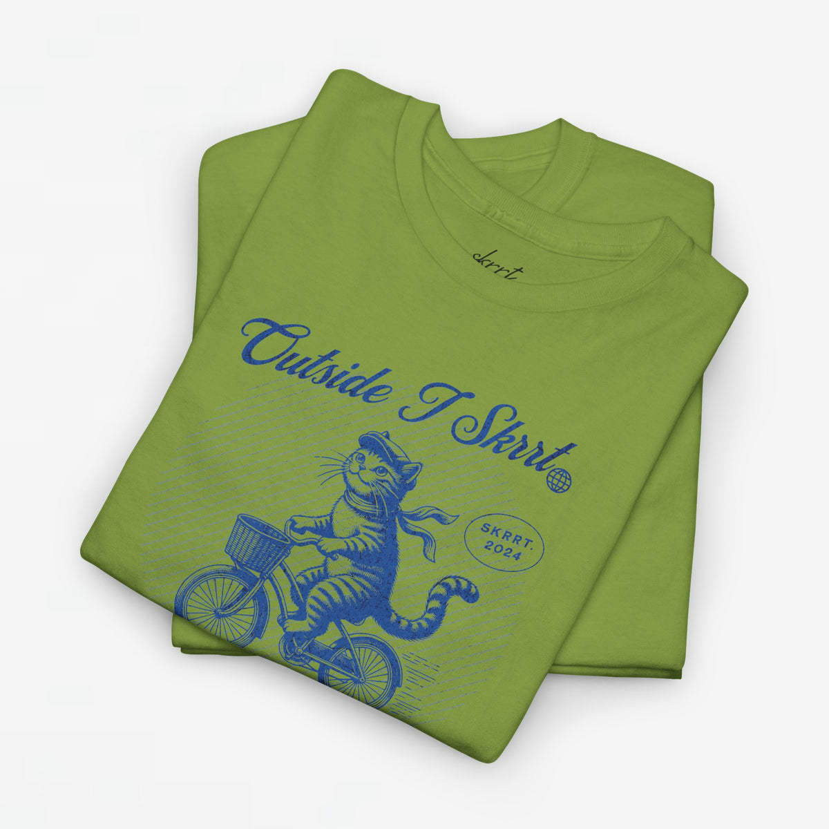 Groene oversized T-shirt met blauwe katten- en fietsprint vooraan
