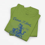 Groene oversized T-shirt met blauwe katten- en fietsprint vooraan