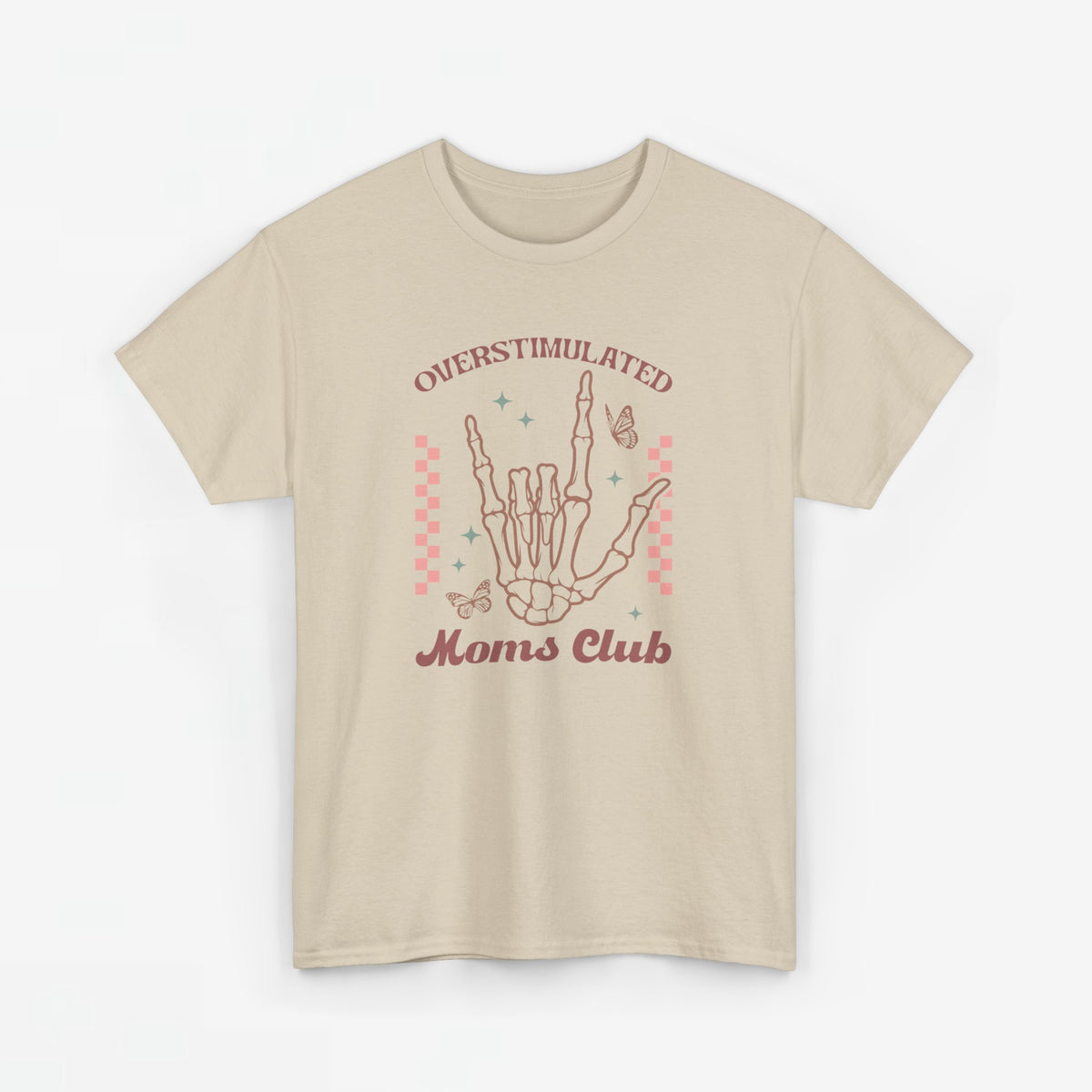 Zandkleurige oversized t-shirt met handprint-graphic en tekst 'Moms club' voorop