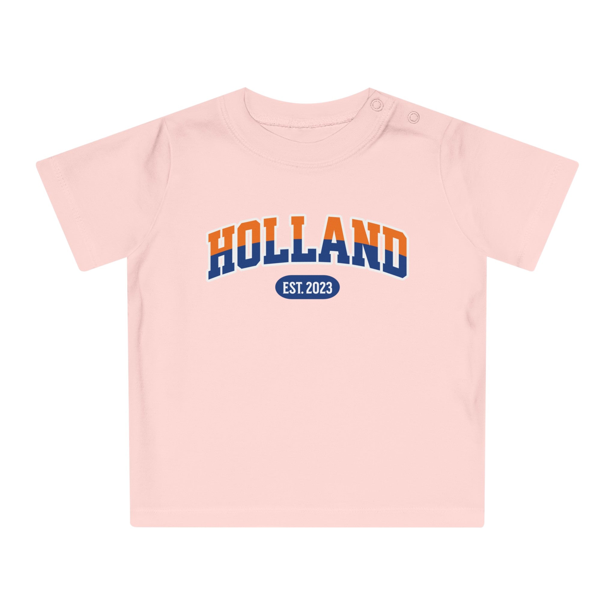 Baby T-shirt voor EK, WK en Koningsdag - Personaliseer met EST Jaar  - HOLLAND- oranje en blauwe tekst (Voorkant)