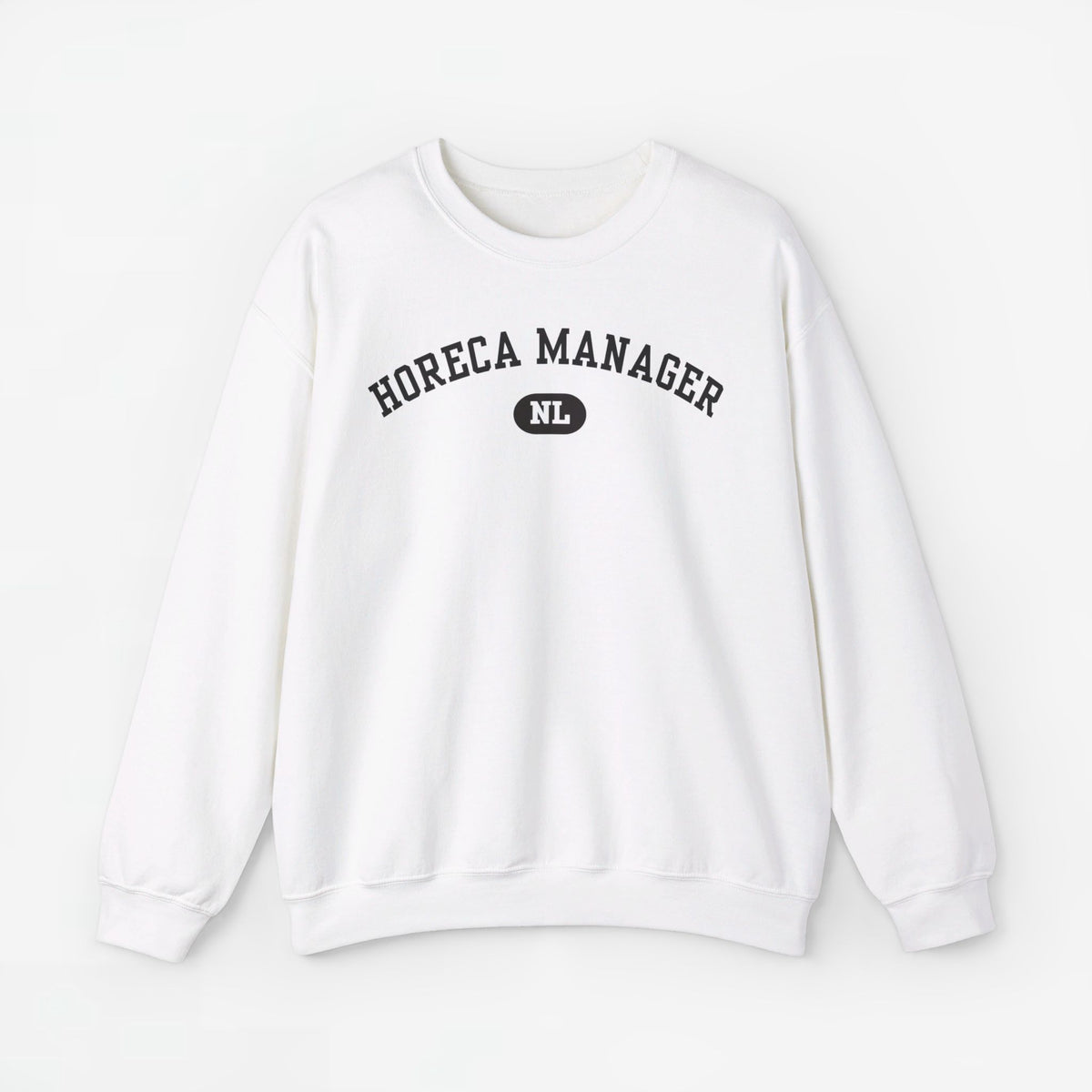Witte sweater met HORECA MANAGER-tekstprint en NL-embleem op de borst