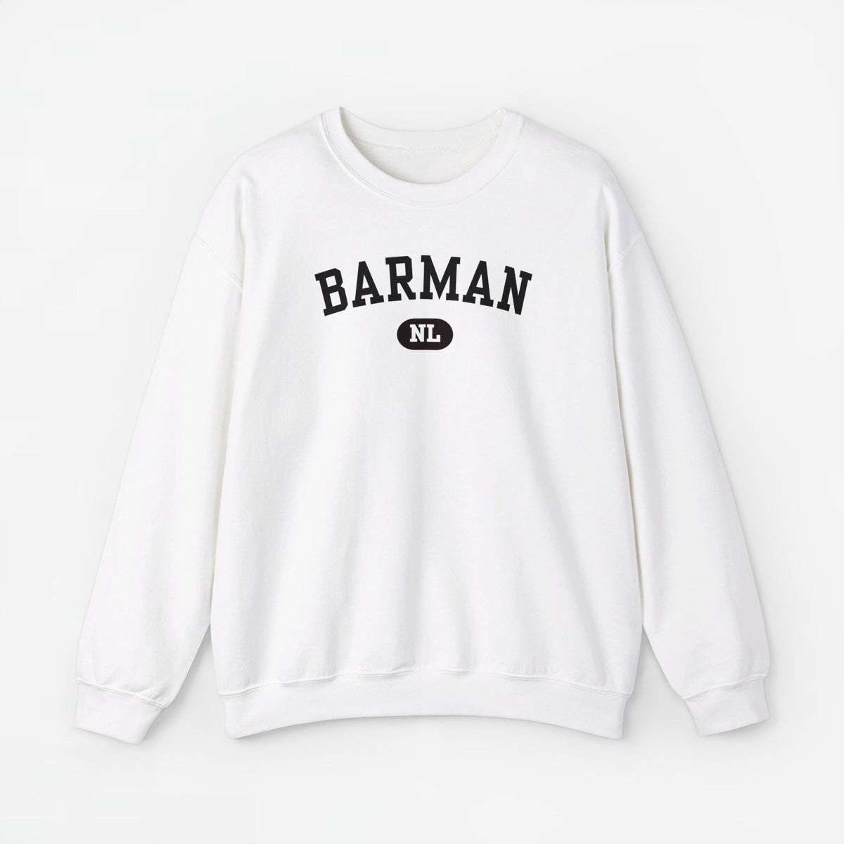 Witte trui met ronde hals en BARMAN print met NL-embleem op de borst