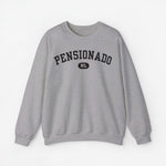 Grijze crewneck sweater met lange mouwen en PENSIONADO-print op de borst