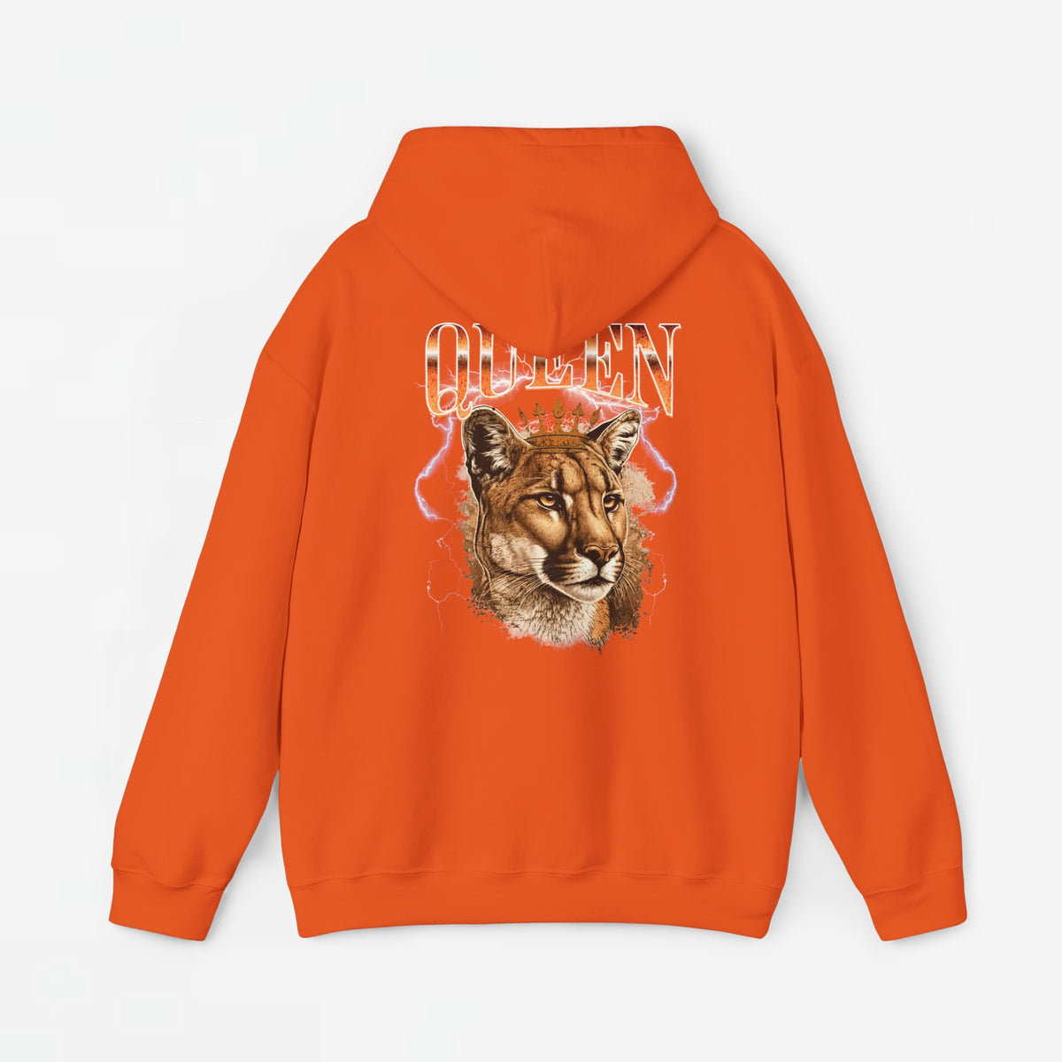 Oranje hoodie met capuchon en grote print van leeuwenkop met kroon