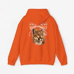 Oranje hoodie met capuchon en grote print van leeuwenkop met kroon