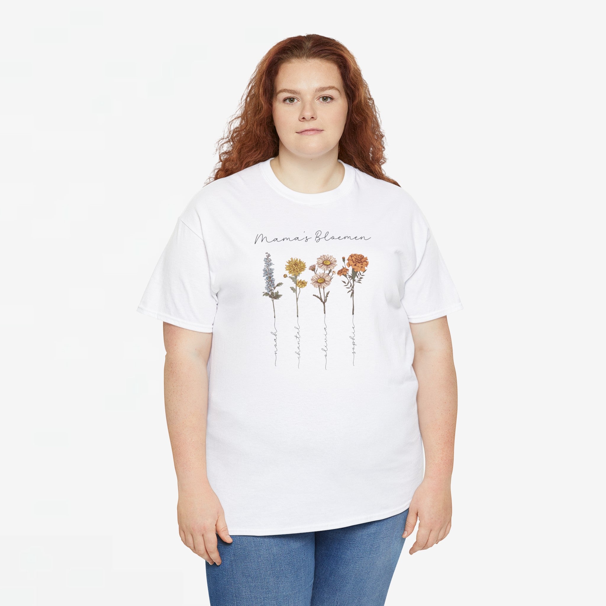 Gepersonaliseerde Moederdag Mama Cadeau - T-shirt - Mama's bloemen met namen en geboortemaand bloemen (zwarte tekst)