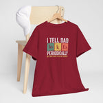 Bordeauxrood T-shirt met opdruk I TELL DAD JOKES PERIODICALLY, op houten hanger