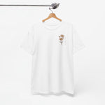 Wit T-shirt met kleine bloemenillustratie op de borst, onderaanzicht