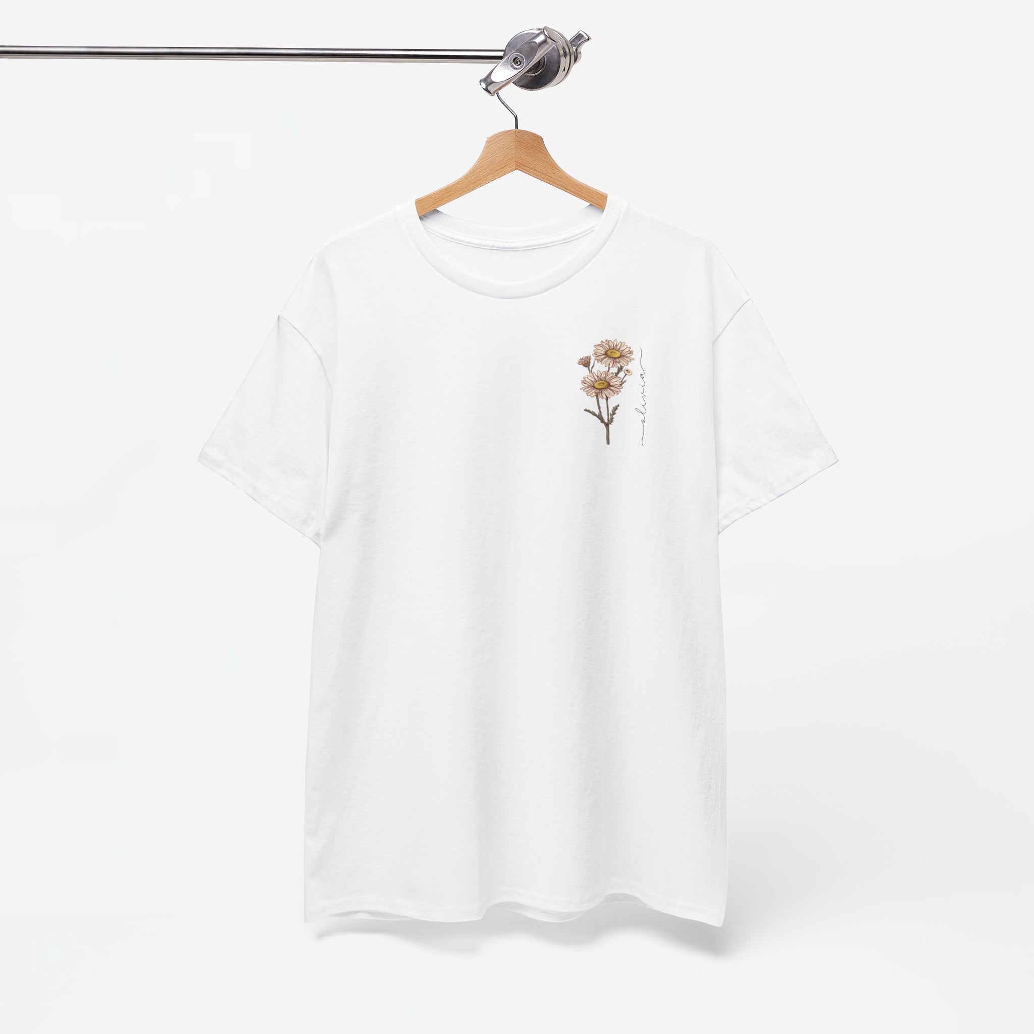 Gepersonaliseerde Moederdag Mama Cadeau - T-shirt - Geboortemaand bloem met naam - kleine print (zwarte tekst)