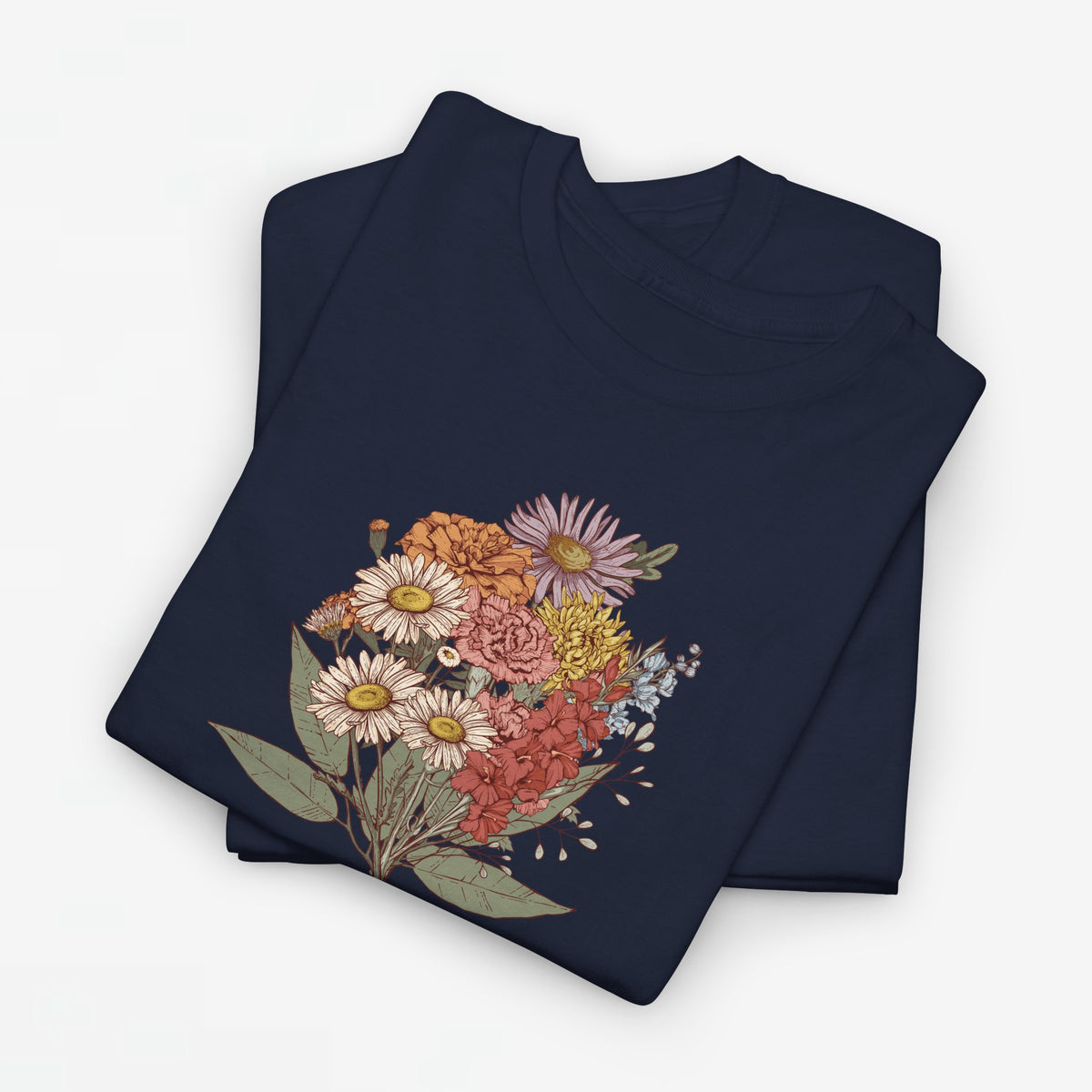 Donkerblauwe T-shirt met bloemenboeketprint op de borst