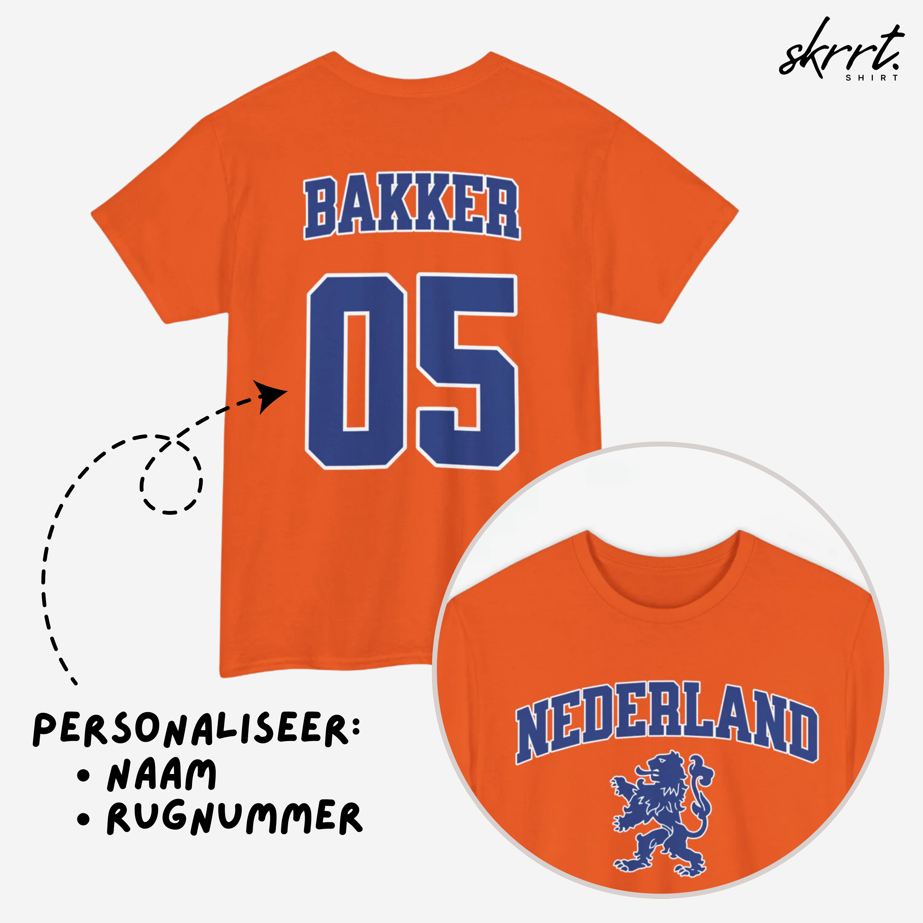 Oranje T-shirt voor EK, WK en Koningsdag - Personaliseer met Naam & Rugnummer - NEDERLAND met Leeuw (blauwe tekst)
