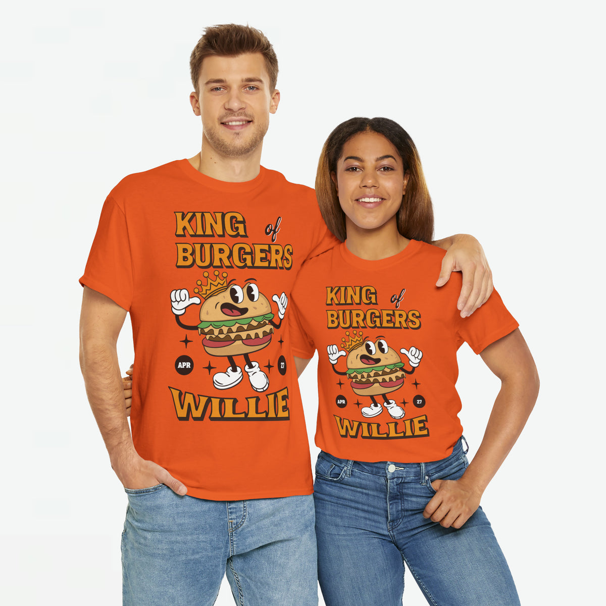 Oranje T-shirt met frontprint van cartoon-burger met kroon en ‘WILLIE’