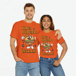 Oranje T-shirt met frontprint van cartoon-burger met kroon en ‘WILLIE’