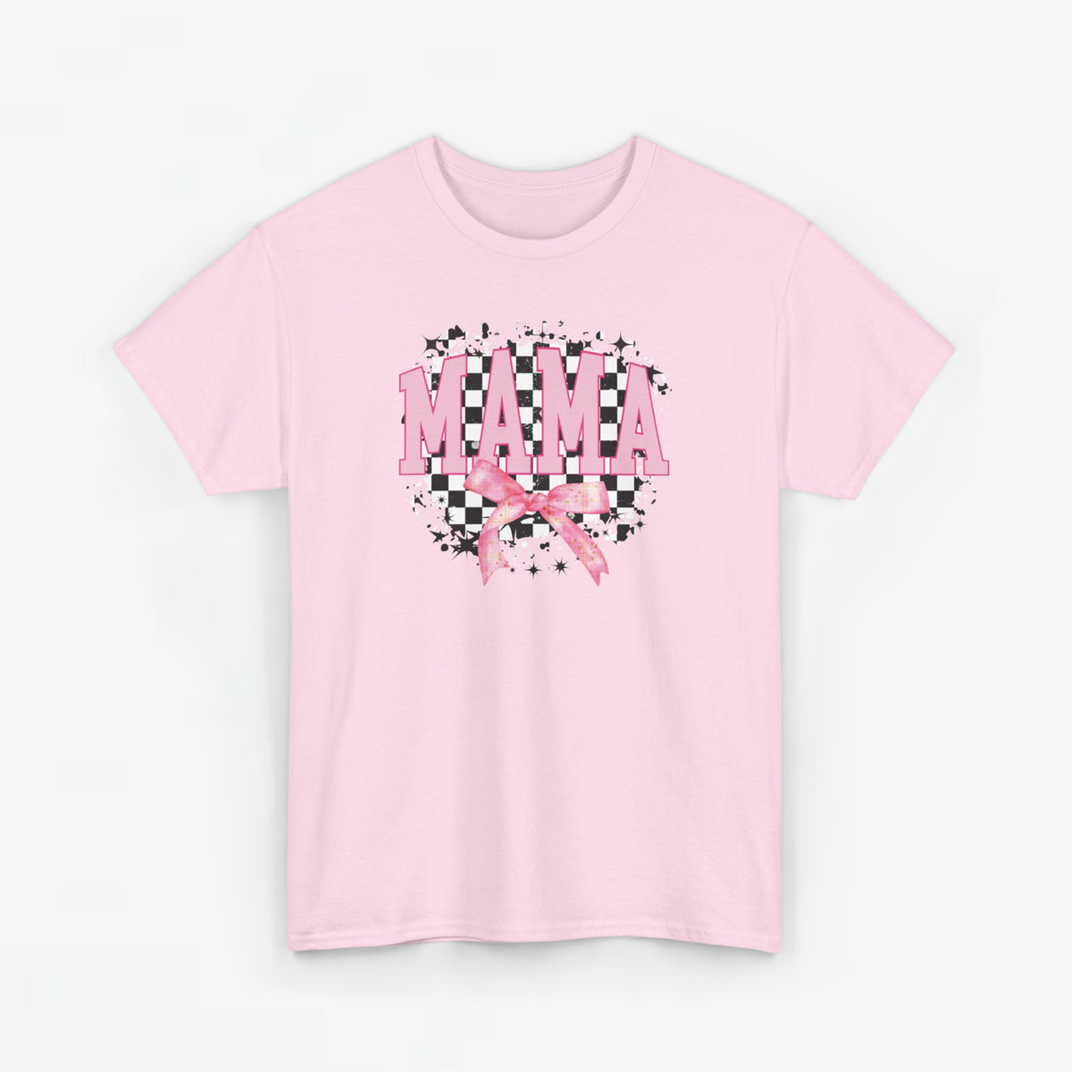 Roze T-shirt met ronde hals en MAMA-tekstprint met strik en zwarte accenten