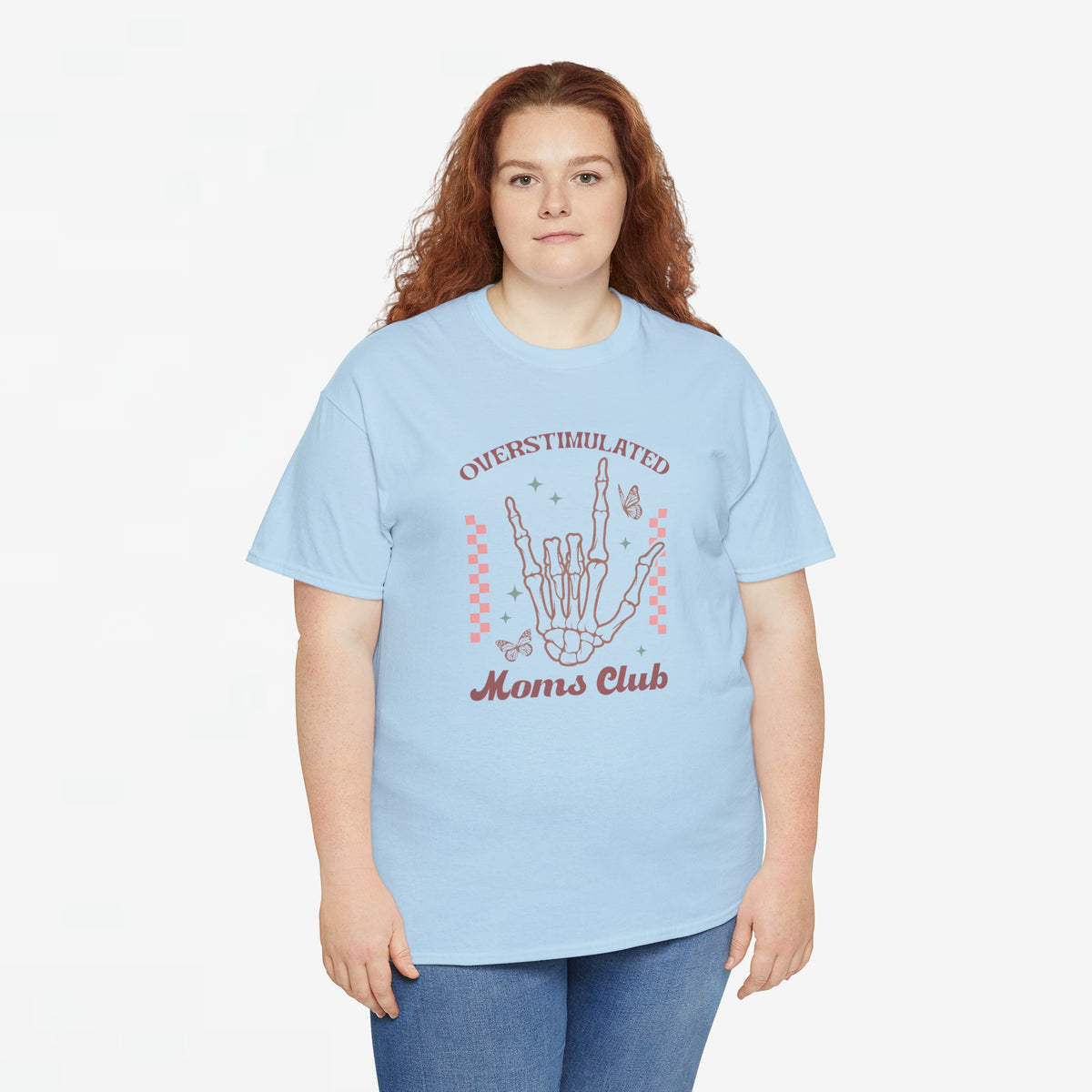 Lichtblauwe oversized t-shirt met handprint-graphic en tekst 'Moms club' voorop