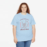 Lichtblauwe oversized t-shirt met handprint-graphic en tekst 'Moms club' voorop