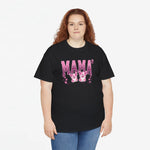 Zwarte oversized T-shirt met roze “MAMA” en twee katten op borst, ronde hals.